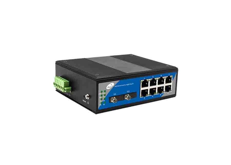 Industrial Cascading Ethernet Fiber Switch 8 10/100Mbps Ethernet and 2 Gigabit Optical Ports